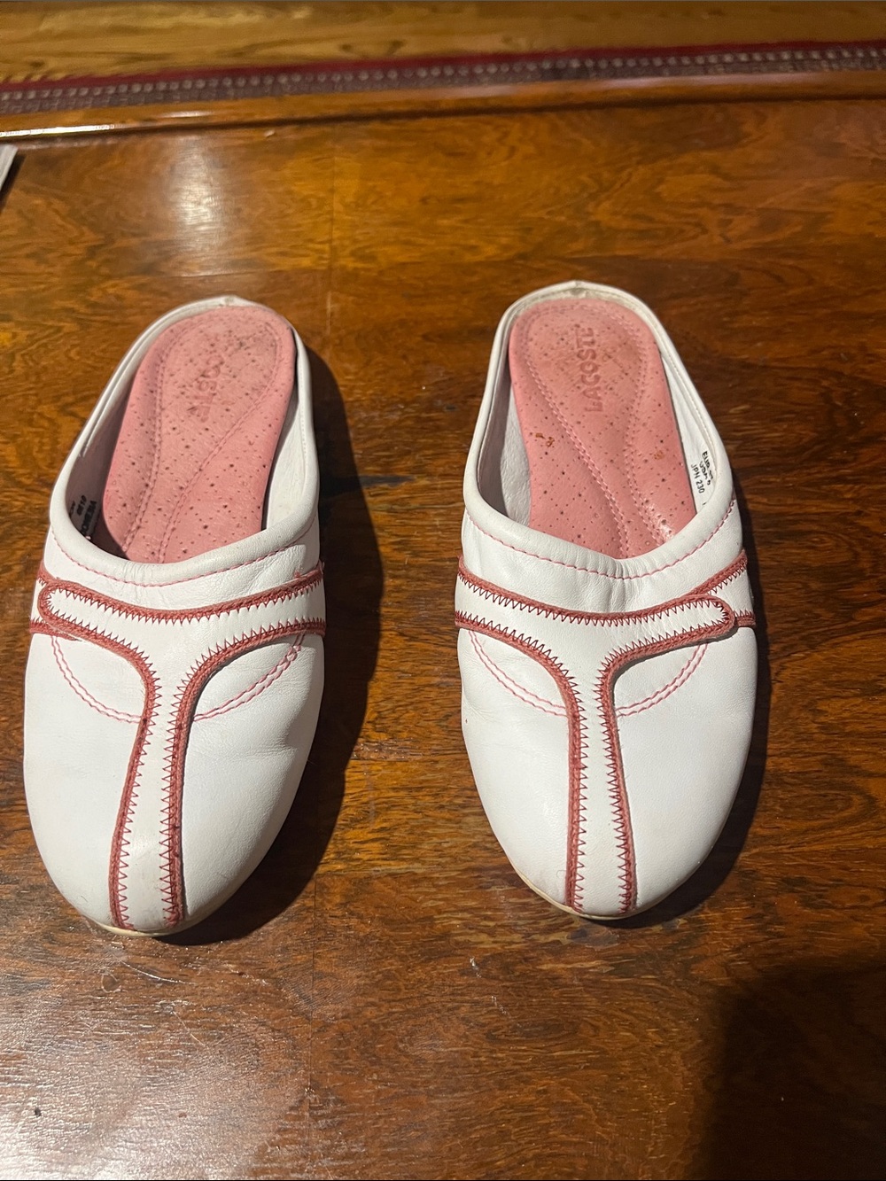 Lacoste White Mules with Pink Trim, size USA 6